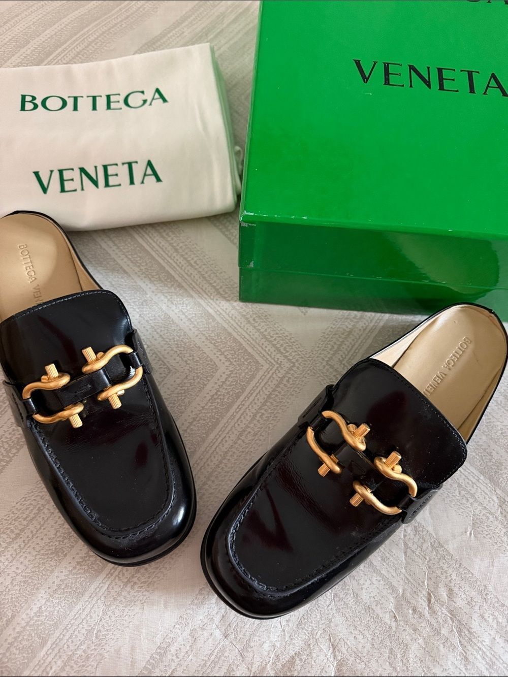 Bottega Veneta Monsieur Moccasin Black Patent Loafer Slip Gold Hardware Size 39